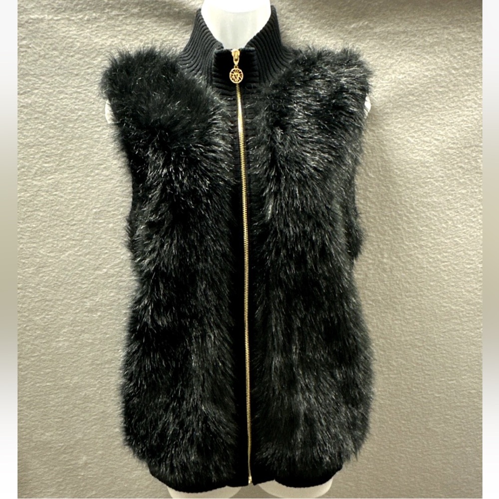 ANNE KLEIN FAUX FUR Vest Black GOLD ZIPPER FRONT Womens Size Large